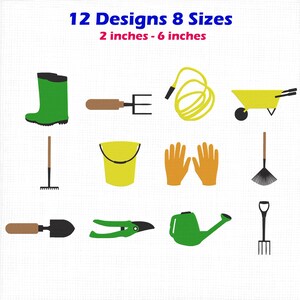 May include: A digital collection of 12 gardening tool designs in 8 sizes ranging from 2 inches to 6 inches. The icons include a green boot, a brown-handled fork, a yellow hose, a yellow wheelbarrow, a rake, a yellow bucket, orange gloves, a fan rake, a shovel, green shears, a green watering can, and a black fork.