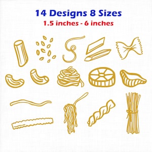 Può includere: Una collezione di 14 illustrazioni di formati di pasta color oro, tra cui penne, farfalle e spaghetti. Il testo in alto riporta 14 Designs 8 Sizes e 1.5 inches - 6 inches, indicando la varietà e le dimensioni disponibili.