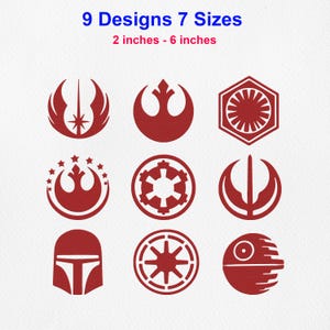 Pode incluir: Uma coleção de nove ícones gráficos vermelho-escuros dispostos em uma grade, apresentando vários símbolos e formas. O texto no topo diz 9 Designs 7 Sizes e 2 inches - 6 inches. Os ícones incluem designs circulares, hexagonais e de capacete.