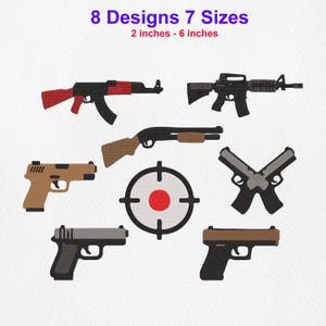 Puede incluir: Una colección de ocho diseños bordados de armas de fuego y un símbolo de diana. El texto dice 8 Designs 7 Sizes y 2 inches - 6 inches. El conjunto incluye varios rifles, escopetas y pistolas en hilos de colores negro, rojo, beige y gris.