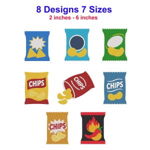 Pode incluir: Oito designs bordados de sacos de batatas fritas em várias cores, incluindo azul, verde, amarelo, vermelho e preto. O texto 8 Designs 7 Sizes 2 inches - 6 inches é exibido no topo. Cada saco apresenta gráficos únicos de batatas e chamas.
