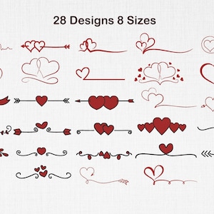 Op de afbeelding: Een verzameling van 28 rode hartontwerpen in 8 maten. De ontwerpen omvatten harten, pijlen, strikken en decoratieve lijnen. De tekst "28 Designs 8 Sizes" staat bovenaan de afbeelding.