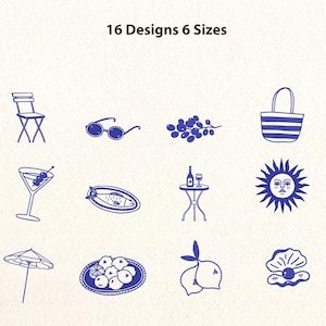 Può includere: Illustrazioni blu a tratto di elementi a tema estivo, tra cui infradito, occhiali da sole, una sedia a sdraio, un cocktail e un sole. Il testo "16 Designs 6 Sizes" è in alto.