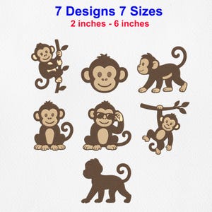 Puede incluir: Siete diseños de bordado de monos en marrón y beige en varias poses, incluyendo trepando, sentado y usando gafas de sol. El texto en la parte superior dice 7 Designs 7 Sizes y 2 inches - 6 inches. Los monos presentan líneas limpias.