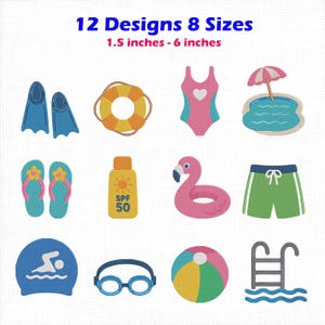 Op de afbeelding: Twaalf zomerse borduurontwerpen in 8 maten variërend van 3,8 cm tot 15,2 cm. De iconen bevatten blauwe zwemvliezen, een oranje reddingsboei, een roze badpak, een zwembad met parasol, slippers, zonnebrandcrème en een flamingo zwemband.