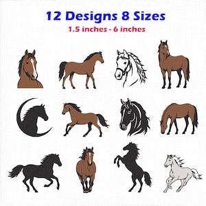 Puede incluir: Una colección digital de 12 diseños de caballos en 8 tamaños, que van de 3,8 cm a 15,2 cm. El conjunto presenta varias ilustraciones de caballos marrones, negros y blancos, incluyendo poses de pie, corriendo, encabritado y cabezas.