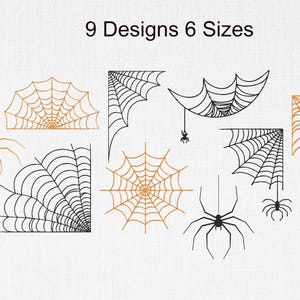 May include: A collection of nine spider web designs in black and gold, with spiders, and the text "9 Designs 6 Sizes". The designs are suitable for Halloween or spooky-themed crafts.