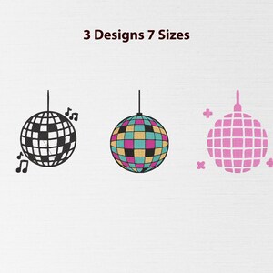May include: Three disco ball designs in black and white, multicolored, and pink. The black and white design includes musical notes. The text "3 Designs 7 Sizes" is at the top of the image.