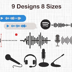 May include: Image features nine audio-related designs in black and white, including speech bubbles, a Spotify logo, and various waveform patterns. The text "9 Designs 8 Sizes" is at the top. The designs include microphones and headphones.