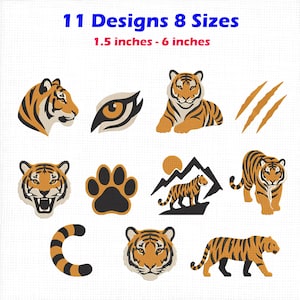 May include: Eleven tiger-themed embroidery designs in eight sizes ranging from 1.5 inches to 6 inches. The collection features tiger heads, a paw print, a tail, a walking tiger, a tiger in a mountain landscape, and claw marks in orange and black.