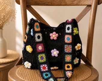 Handmade Boho Crochet Shoulder Bag, Floral Knit Summer Beach Tote, Woven Cotton Hobo Purse, Bohemian Gift for Her, Large Capacity Mesh Bag