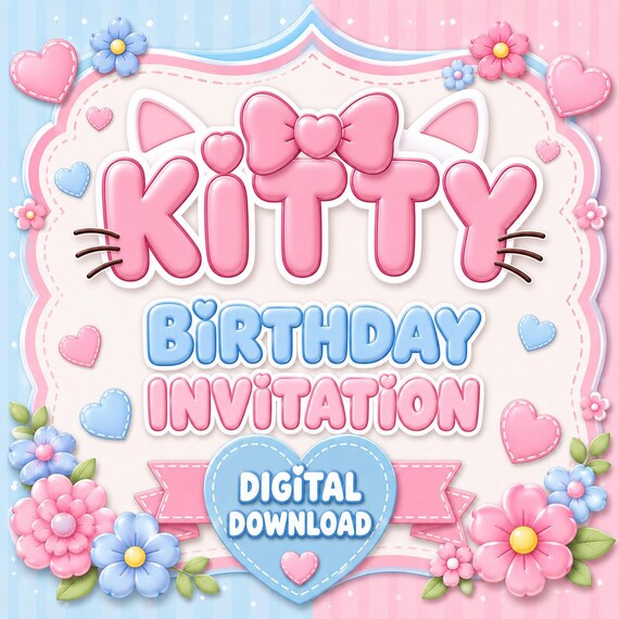 Kitty cat birthday invitation,kitty canva template,Editable Pink Bow Birthday Invitation, Coquette Kitty Party Invite Digital Download