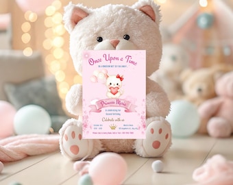 Invitación de cumpleaños de gatito, plantilla Canva de gatito, invitación de cumpleaños editable con lazo rosa, invitación para fiesta de gatito coqueto, descarga digital