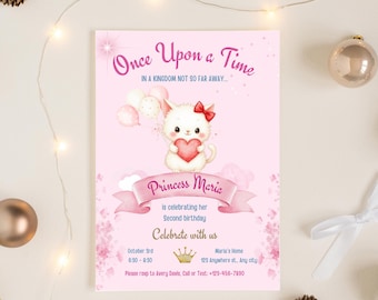 Invitación de cumpleaños de gatito personalizada, invitación de cumpleaños de gatito adorable y editable, invitación de cumpleaños digital de gatito, invitación de cumpleaños de gatito rosa