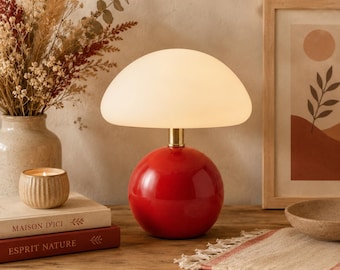 Lampada da tavolo retrò a forma di fungo rosso, lampada da comodino in stile vintage, lampada da scrivania nordica moderna, illuminazione ambientale accogliente