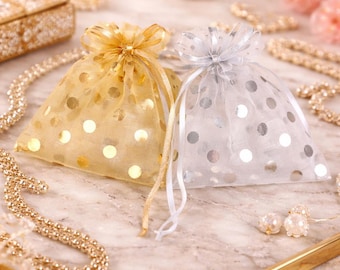 10/25/50 Pcs Gold Dot Pattern Organza Drawstring Gift Bags, Jewellery Pouches, Wedding Favour Candy Bags, Small Gift Packaging Bags