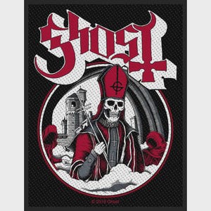 May include: A rectangular fabric patch featuring the word GHOST in large red letters with white outlines. The central graphic depicts a skeletal figure in a red mitre and robes holding a staff, flanked by two hooded figures before a stone castle.