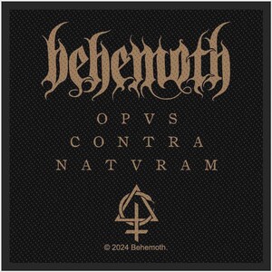 May include: A black square patch featuring the word behemoth in a stylized tan font at the top. Below, the text OPVS CONTRA NATVRAM is printed in tan capital letters. At the bottom, a tan geometric symbol sits above the text 2024 Behemoth.