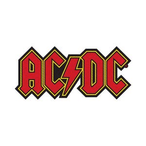 May include: The AC/DC logo features bold, red block lettering with a distinct yellow outline and a central yellow lightning bolt separating the two sets of letters. The design is set against a plain background, showcasing the iconic rock band emblem.