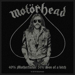 May include: Black patch with a detailed illustration of a man in sunglasses and a denim jacket, with the band name "Motörhead" above. The text "49% Motherfucker 51% Son of a bitch" is below the illustration, with the copyright notice.