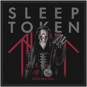 May include: A square fabric patch featuring the text SLEEP TOKEN in grey block letters. The graphic depicts a hooded figure with a skeletal mask and ribcage, holding a silver pocket watch on a chain. Red accents and lines appear on a black background.