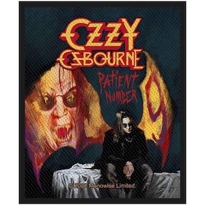May include: A rectangular patch featuring Ozzy Osbourne's name in red and yellow, with a demonic illustration and the words "Patient Number 9." A figure in black sits on a bed. The patch has a black border and a textured background.
