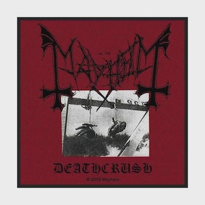 May include: A square fabric patch with a deep red background. It features the black Mayhem logo at the top, a central black and white photographic print of hanging objects, and the text DEATHCRUSH and 2009 Mayhem printed in black at the bottom.