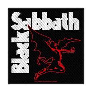 May include: Black Sabbath patch with a red devil graphic holding a star. The words "Black Sabbath" are in white block letters. The patch is on a black background.