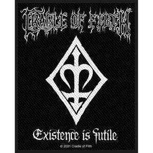 Op de afbeelding: Zwart vierkantige patch met de bandnaam "Cradle of Filth" in witte gotische letters. Daaronder een witte ruitvorm met een gestileerd ontwerp. De tekst "Existence is futile" staat onderaan.