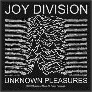 May include: A square black fabric patch featuring the white Joy Division Unknown Pleasures pulsar wave graphic. The text JOY DIVISION appears at the top, UNKNOWN PLEASURES at the bottom, and 2022 Fractured Music. All Rights Reserved. at the base.