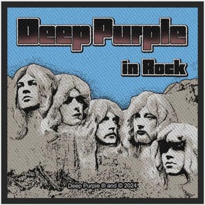 May include: A square fabric patch featuring the Deep Purple In Rock album cover art. The design shows five band members' faces carved into a mountain against a light blue background. The text Deep Purple and in Rock is printed in black.
