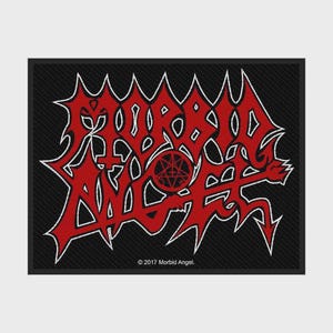 May include: A rectangular black patch featuring the red Morbid Angel logo in a jagged, stylized font. A circular red pentagram symbol is integrated into the design. The text 2017 Morbid Angel is printed in small white letters at the bottom.