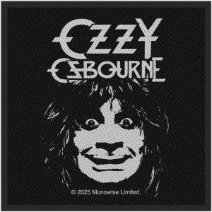 May include: A black and white square fabric patch featuring a stylized graphic of a face with long hair and the text OZZY OSBOURNE in a bold font. The bottom edge includes the small printed text 2025 Monowise Limited.