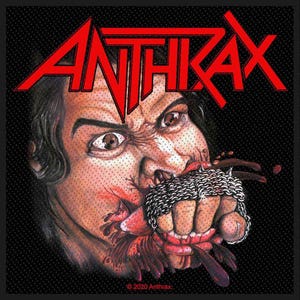 May include: A patch with the red word "Anthrax" above a graphic illustration of a person's face with a clenched fist in their mouth. The image has a black background and the text "© 2020 Anthrax."