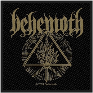 May include: Black square patch featuring the band name "Behemoth" in a stylized, gothic font. Below the text is a triangle with flames inside, surrounded by radiating lines. The patch includes the copyright notice "© 2024 Behemoth."