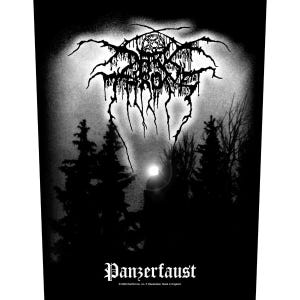 May include: A black and white rectangular fabric patch featuring the Darkthrone logo in a jagged, stylised font at the top, a silhouette of trees against a bright moon, and the text Panzerfaust at the bottom with copyright information below it.