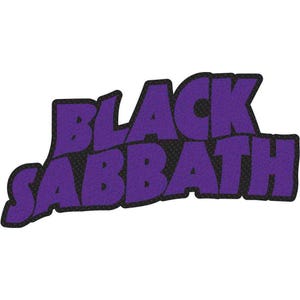 May include: A fabric patch featuring the text BLACK SABBATH in bold, purple, block-style lettering. The letters have a textured appearance and are outlined with a thick black border, creating a distinct graphic design for application.