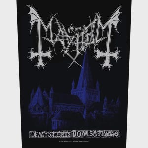 May include: A black fabric patch featuring the white Mayhem logo at the top, a blue-toned illustration of a cathedral in the center, and the text DE MYSTERIIS DOM SATHANAS printed in a white gothic font at the bottom against a dark background.