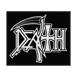 Op de afbeelding: Zwarte patch met het woord "DEATH" in witte, gestileerde letters en een zeis-afbeelding. De patch heeft een zwarte rand en de tekst "© 2010 Death."