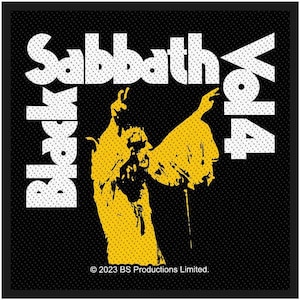 May include: A square fabric patch featuring a black background with white text reading Black Sabbath Vol 4. A yellow graphic of a figure with raised arms is centred. The text 2023 BS Productions Limited is printed in small white letters at the bottom.