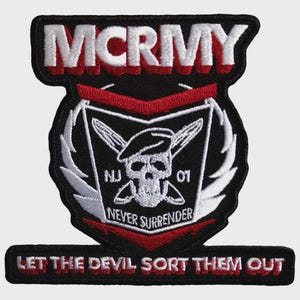 May include: An embroidered patch featuring the text MCRMY at the top and LET THE DEVIL SORT THEM OUT at the bottom. The central shield design displays a skull wearing a beret, flanked by wings, with the text NJ, 01, and NEVER SURRENDER.