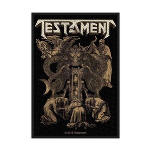 May include: Black rectangular patch featuring the band name "TESTAMENT" in a distressed, textured font. The central image depicts a detailed, sepia-toned illustration of a demonic figure with multiple arms and figures in robes. The bottom right corner reads "&copy; 2016 Testament."