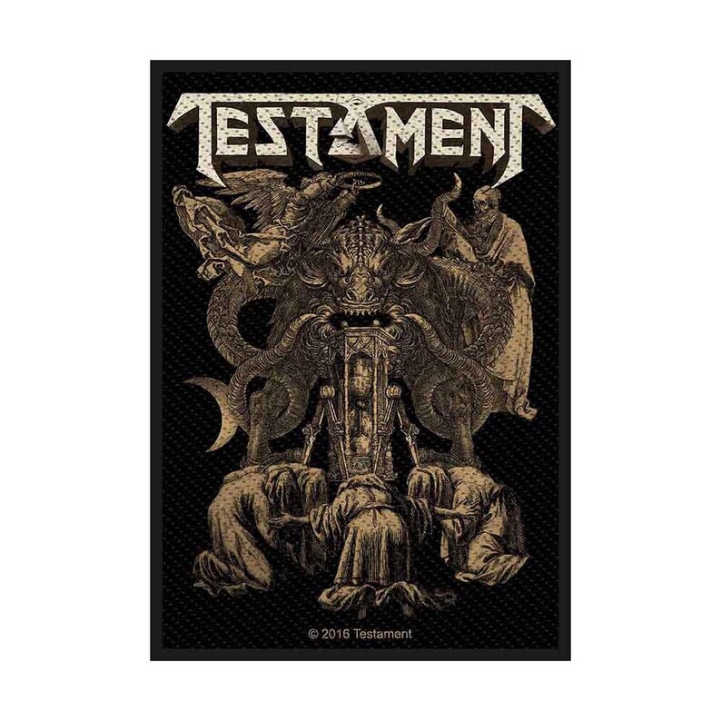 May include: Black rectangular patch featuring the band name "TESTAMENT" in a distressed, textured font. The central image depicts a detailed, sepia-toned illustration of a demonic figure with multiple arms and figures in robes. The bottom right corner reads "&copy; 2016 Testament."