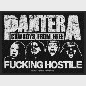 May include: A black and white rectangular patch featuring the text PANTERA and COWBOYS FROM HELL at the top. Below, four stylised portraits of band members are displayed. The text FUCKING HOSTILE appears at the bottom with 2021 Pantera Partnership.