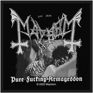 May include: Black and white patch featuring the band name "Mayhem" in a gothic font, with inverted crosses and a demonic illustration. The text "Pure Fucking Armageddon" is below the image, with the copyright notice.