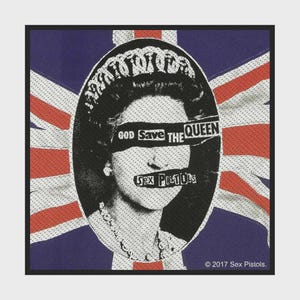 May include: A square fabric patch featuring a black and white portrait of Queen Elizabeth II centred within an oval. Black bars cover the eyes and mouth with the text GOD SAVE THE QUEEN and SEX PISTOLS. The background is a red, white, and blue Union Jack.