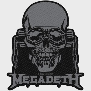 May include: A grey and black embroidered patch featuring a skull wearing goggles and a metal jaw piece, flanked by chains on both sides. The text MEGADETH is printed in a bold, stylised font at the bottom, with the copyright text 2020 Megadeth.