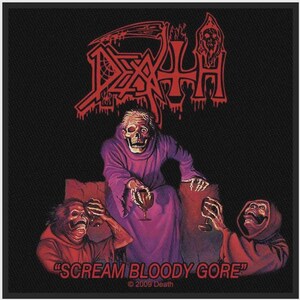 Op de afbeelding: Een rechthoekige stoffen patch met een rode afbeelding van een skelet in een paarse mantel zittend op een troon, geflankeerd door twee andere skeletten met kelken. De tekst DEATH staat bovenaan en SCREAM BLOODY GORE onderaan.