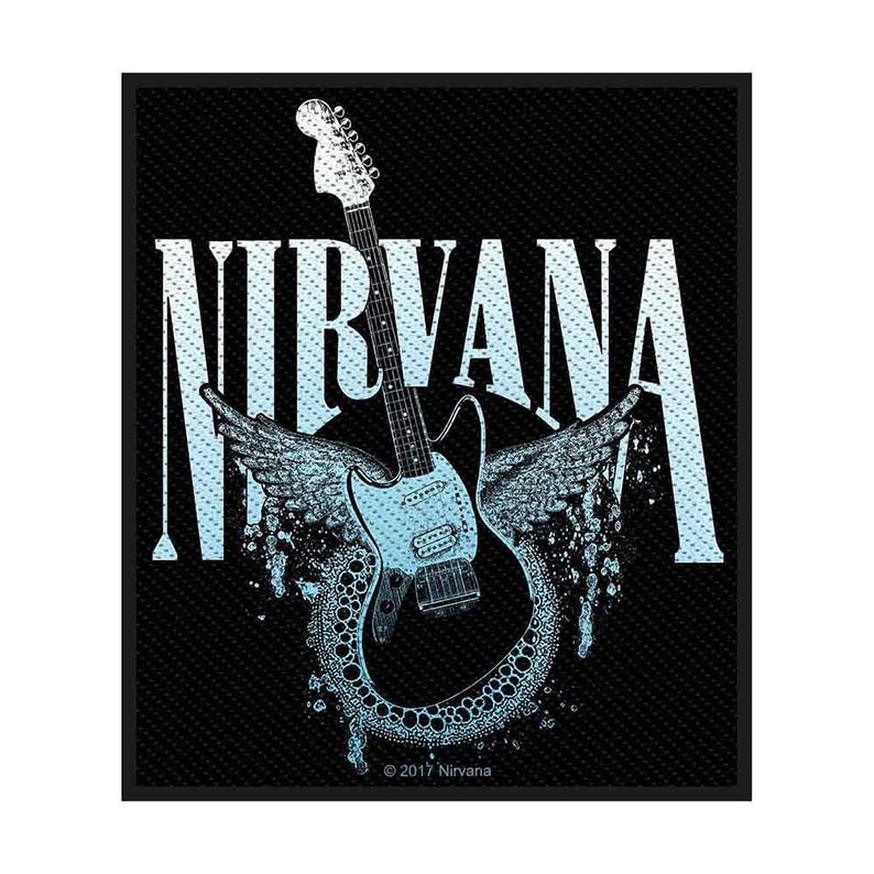 May include: Black patch featuring the word "NIRVANA" in white, with a light blue guitar and wings design. The guitar is stylized with a unique shape and the wings are detailed with a textured effect. The text "&copy; 2017 Nirvana" is at the bottom.