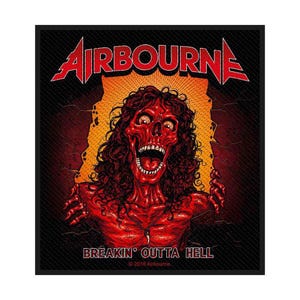 Op de afbeelding: Een rechthoekige patch met het Airbourne-logo in rood en wit bovenaan. Daaronder komt een rood, skeletachtig figuur met lang haar uit een gebarsten muur tegen een oranje zonnestraal-achtergrond. De tekst Breakin' Outta Hell staat onderaan.